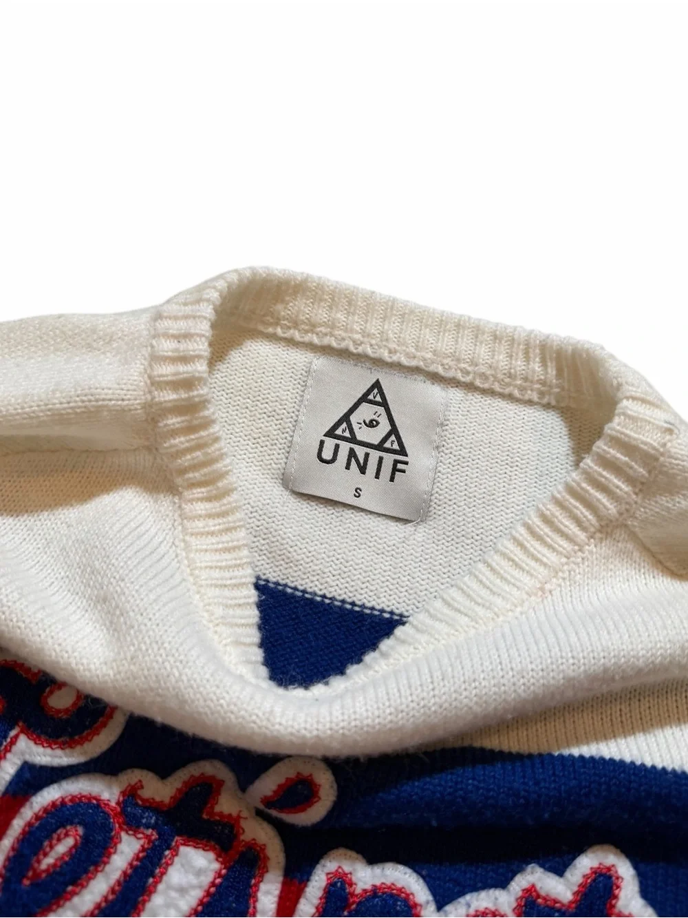 UNIF Womens Small Let's Not Varsity Cropped Sweater Red White Blue Acedemia